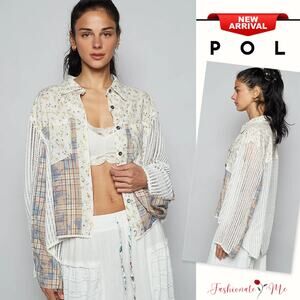 POL Floral Print Back Slit Plaid Patchwork Design Oversized Casual Shirt | Ivory